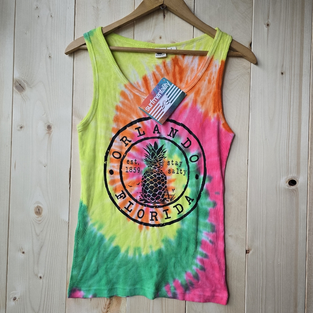 Surfmentality Fluorescent Stretchy Summer Beach Tank Top Womens Large NWT